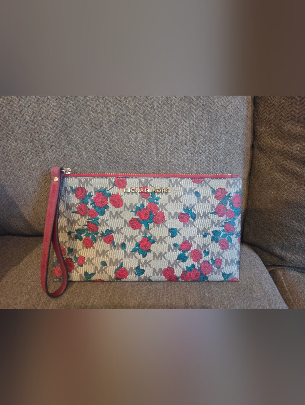 MICHAEL Michael Kors Red Floral Logo Wristlet Clutch
